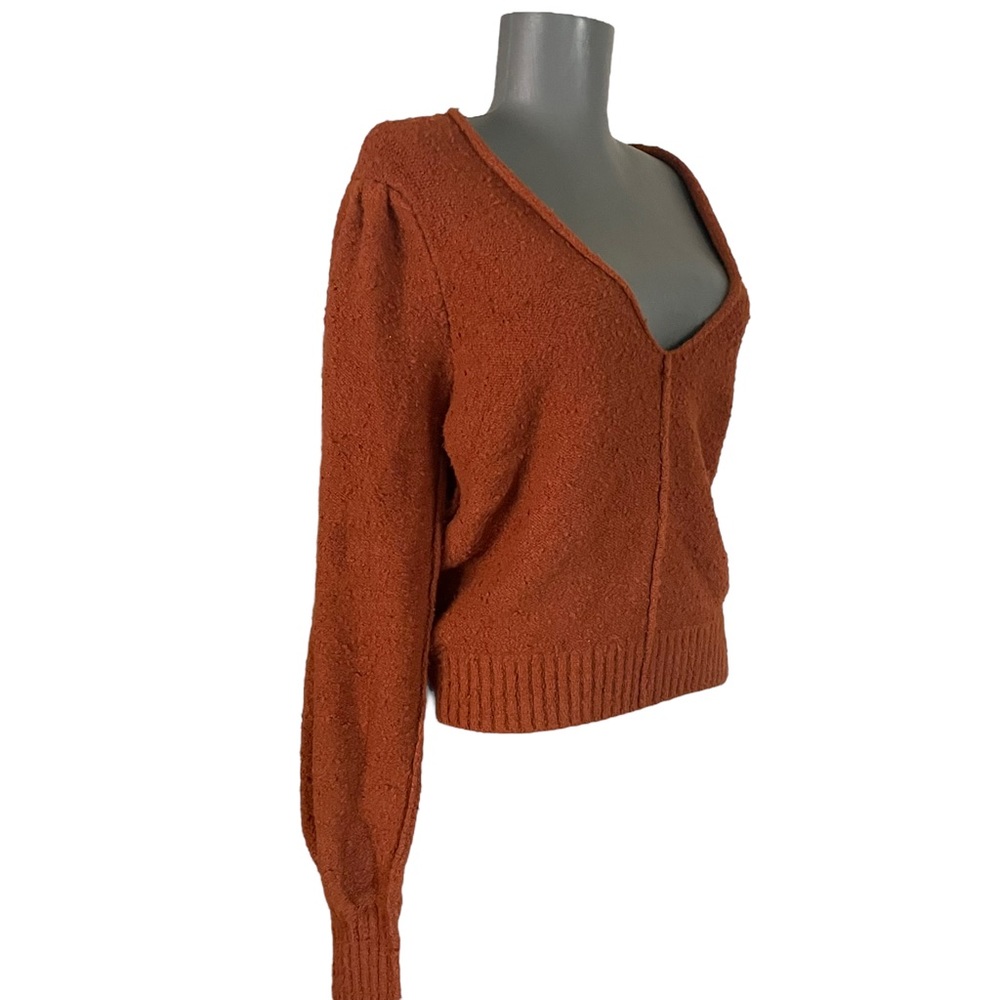 NWT Free People Reverie V-Neck Knit Sweater Balloon Sleeve Burnt Butter Sz S